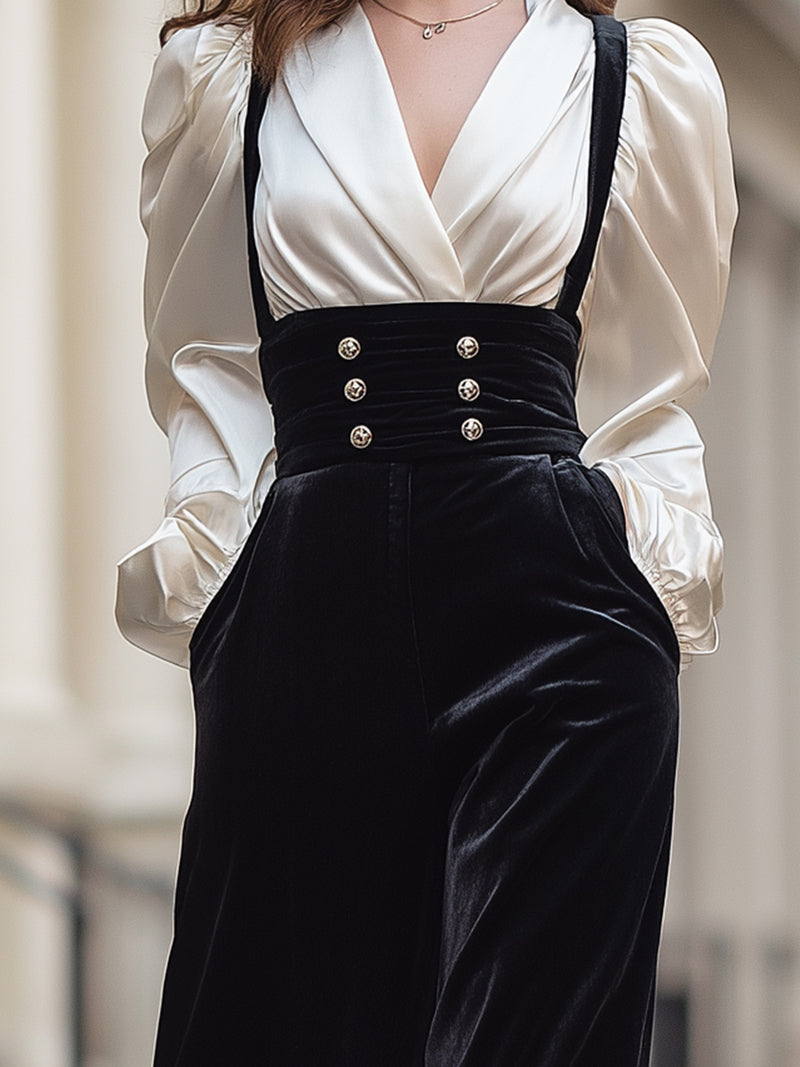 Satin & Velvet Suspender Wide-Leg Jumpsuit