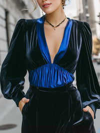 Midnight Velvet Deep-V Blouse With Royal Blue Panel