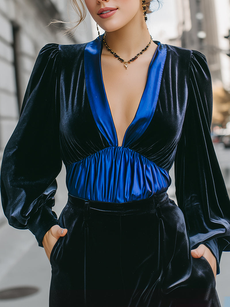 Midnight Velvet Deep-V Blouse With Royal Blue Panel