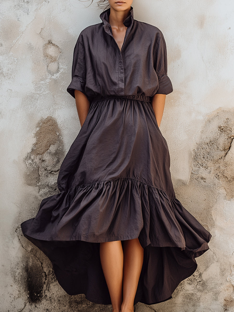 Structured Stand Collar High-Low Midi Dress