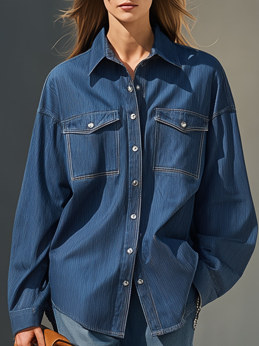 Oversized Navy Blue Denim Button-Down Shirt