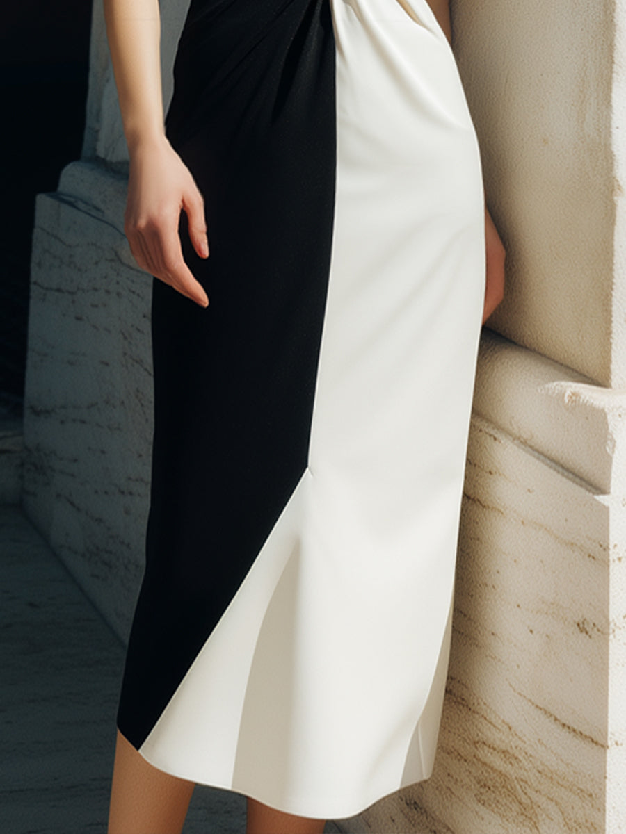 Black & Ivory Twist-Waist Colorblock Midi Dress