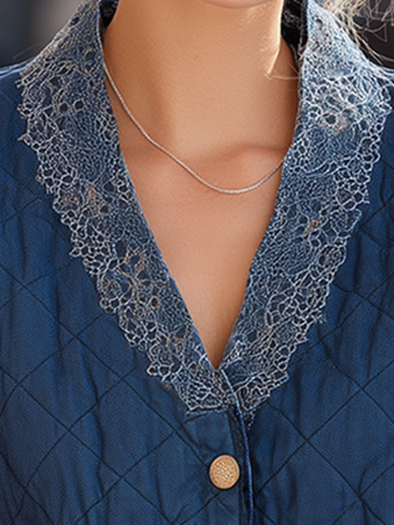 Quilted Blue Jacket With Lace Details