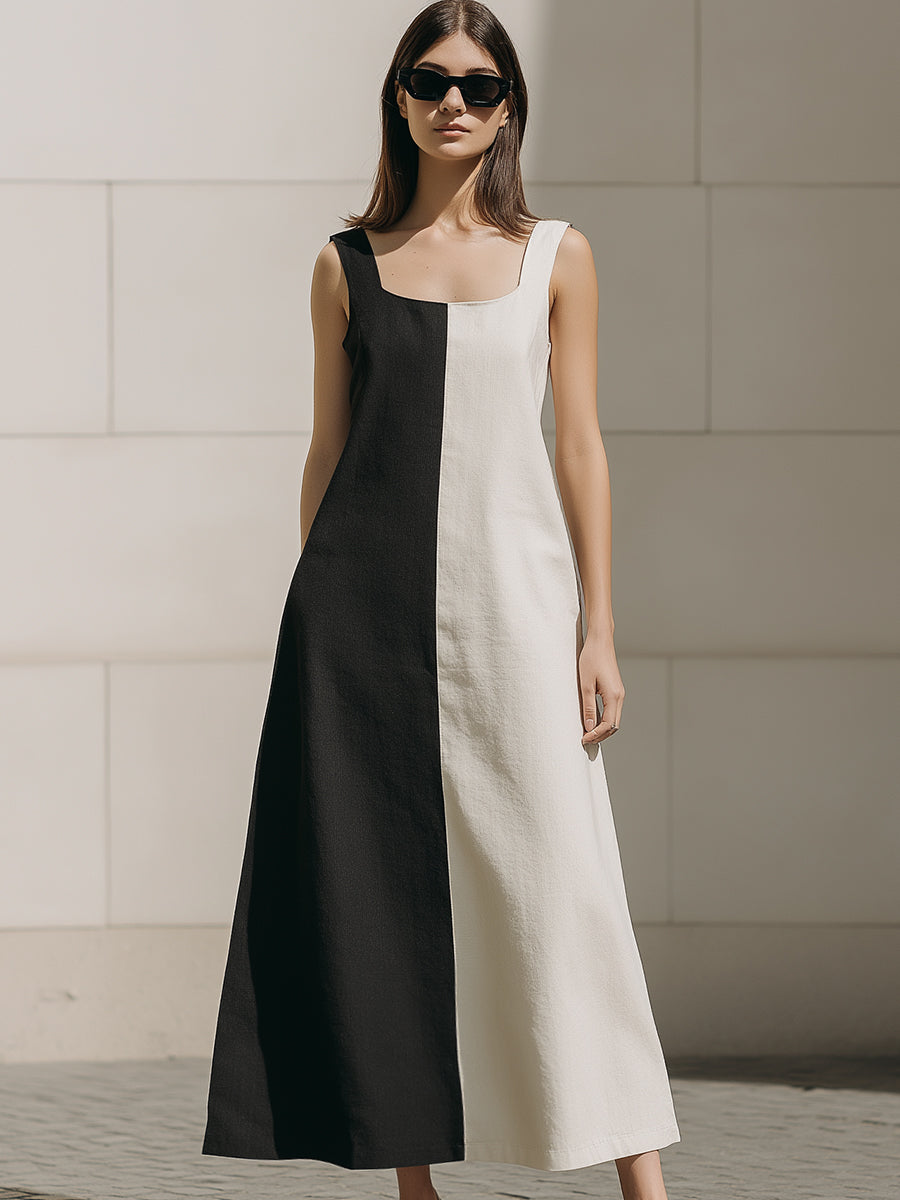 Two-Tone Column Panel Square-Neck Midi Dress