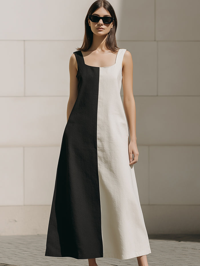 Two-Tone Column Panel Square-Neck Midi Dress