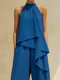 Draped Halter Top & Wide-Leg Pants Elegant Set