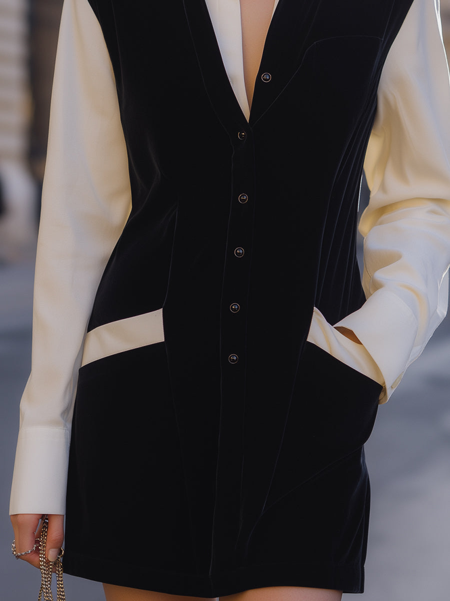 Velvet Contrast Shirt Dress With White Collar And Sleeves