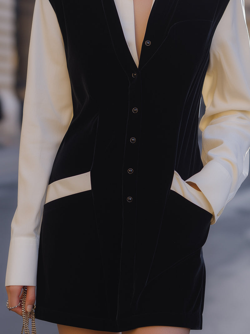 Velvet Contrast Shirt Dress With White Collar And Sleeves
