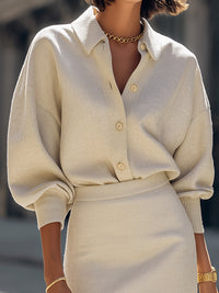 Elegant Knit Button-Up Top And Pencil Skirt Set