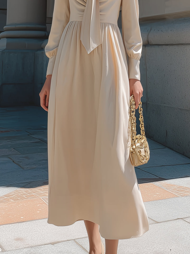 Champagne Satin Midi Dress With Front Tie