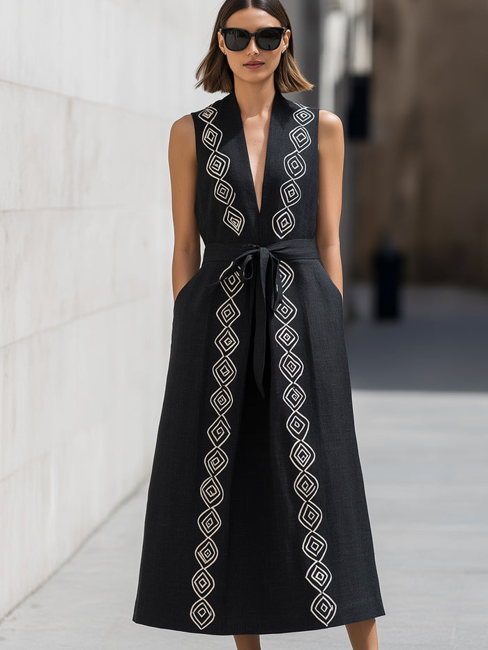 Embroidered Deep V Lapel Tie-Waist Midi Dress