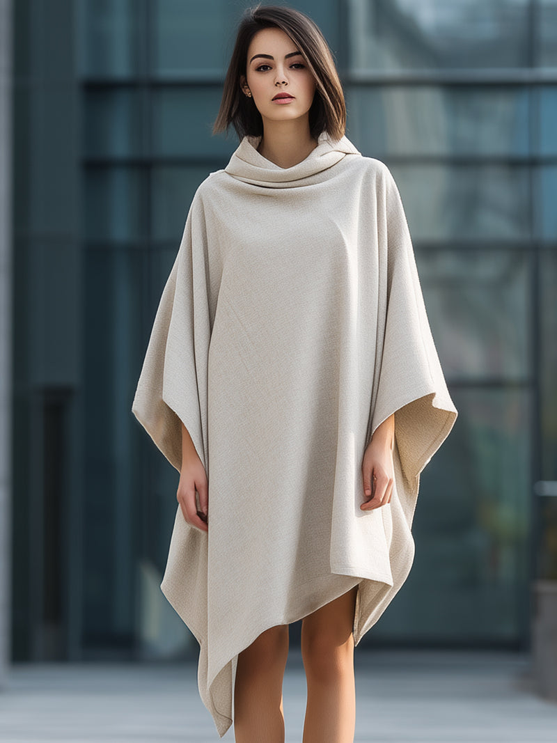 Beige Draped Hooded Collar Cape Coat