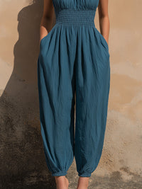 Elegant Smocked Waist Spaghetti Strap Harem Jumpsuit With Pockets