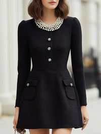 Elegant Pearl-Collar Long Sleeve Mini Dress