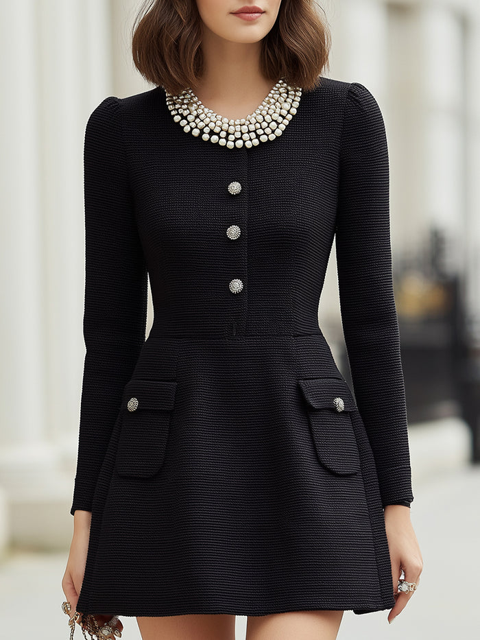 Elegant Pearl-Collar Long Sleeve Mini Dress