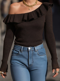Off-Shoulder Ruffled Brown Knit Top