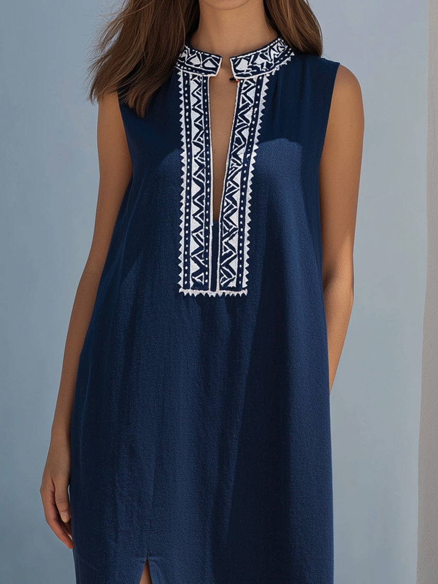 Embroidered Placket Sleeveless Drawstring Midi Dress