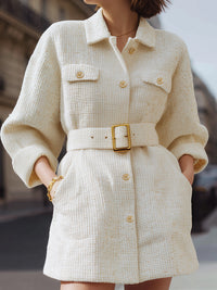Belted Ivory Tweed Shirt Dress