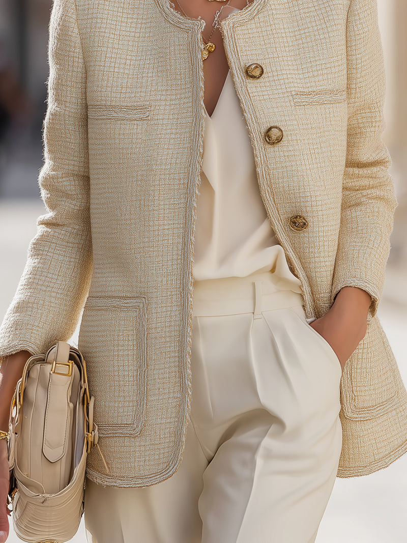 Elegant Tweed Collarless Blazer