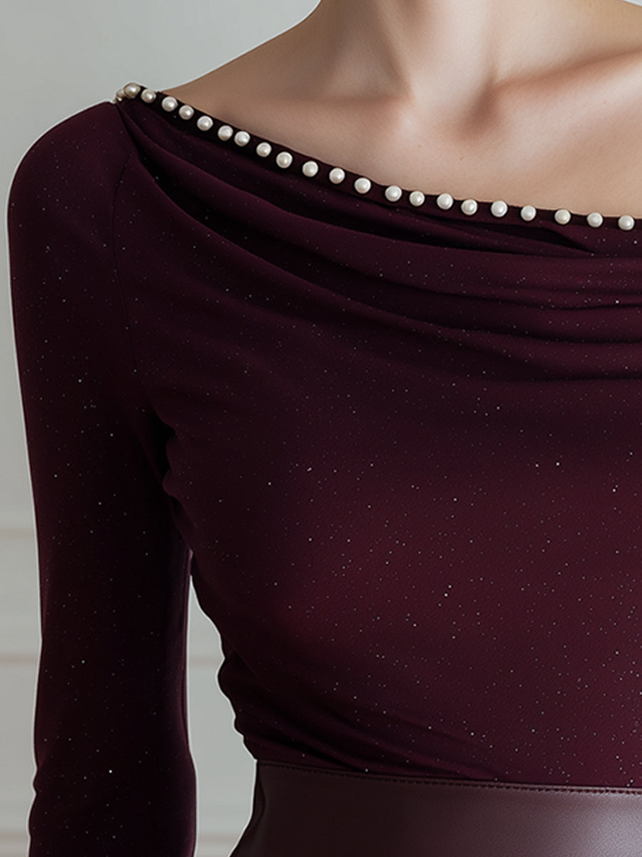 Pearl-Trim Off-Shoulder Shimmer Knit Top