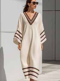 Embroidered V-Neck Kaftan Midi Dress With Contrast Stripe Trim