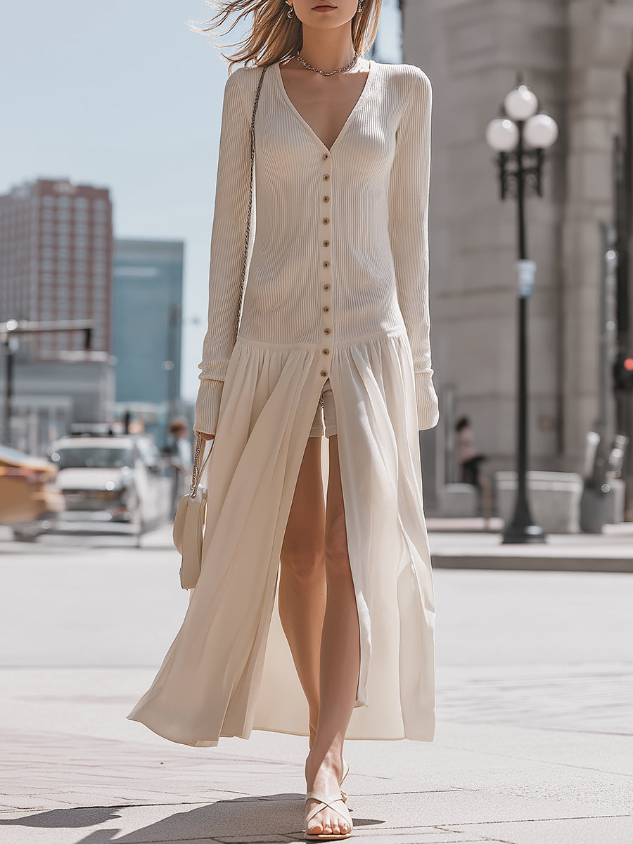 Button-Front Knit And Chiffon Maxi Cardigan