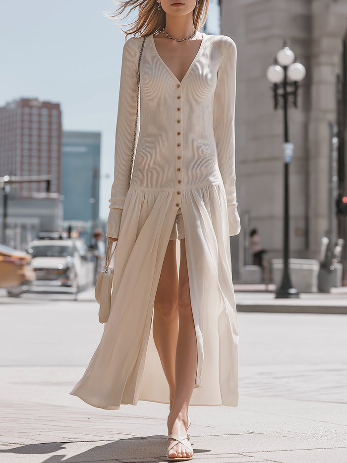 Button-Front Knit And Chiffon Maxi Cardigan