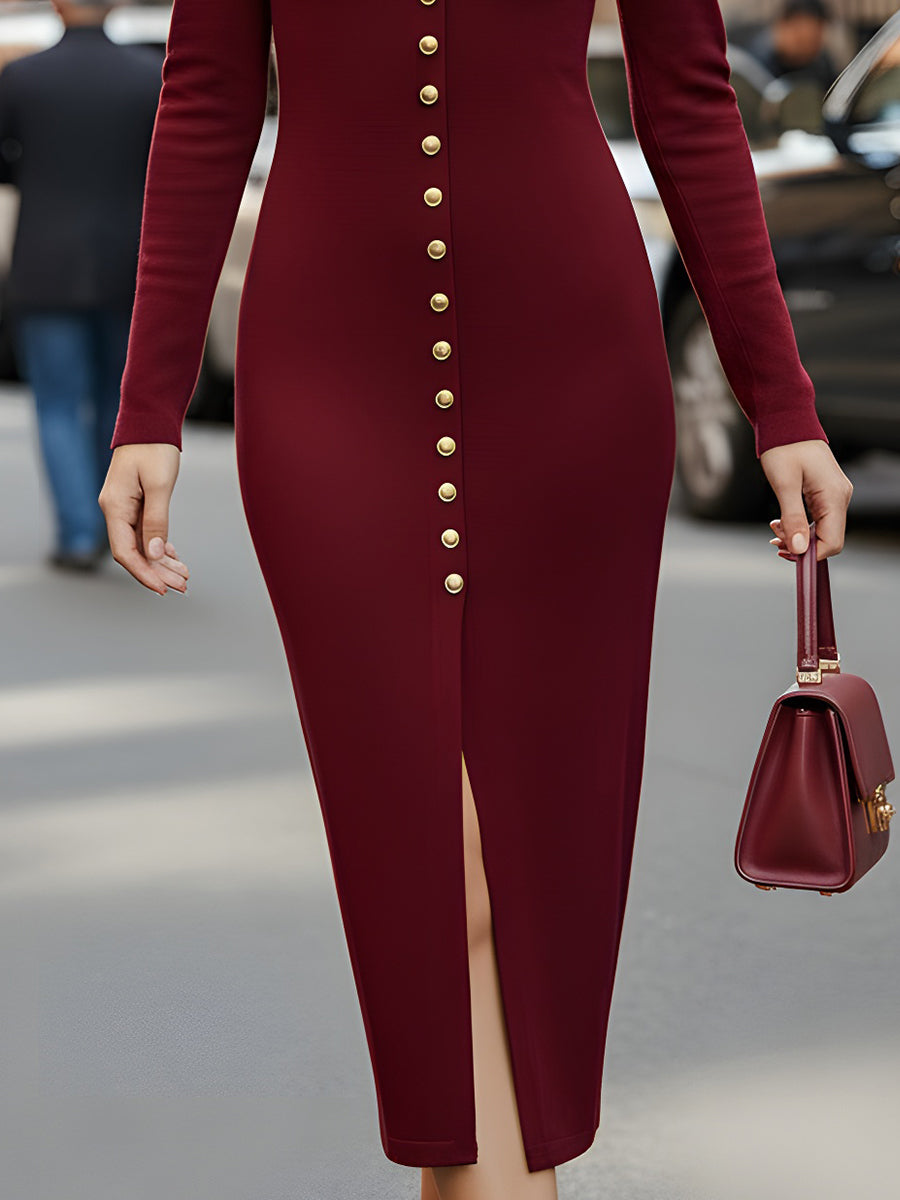 Burgundy Button-Front Knit Midi Dress