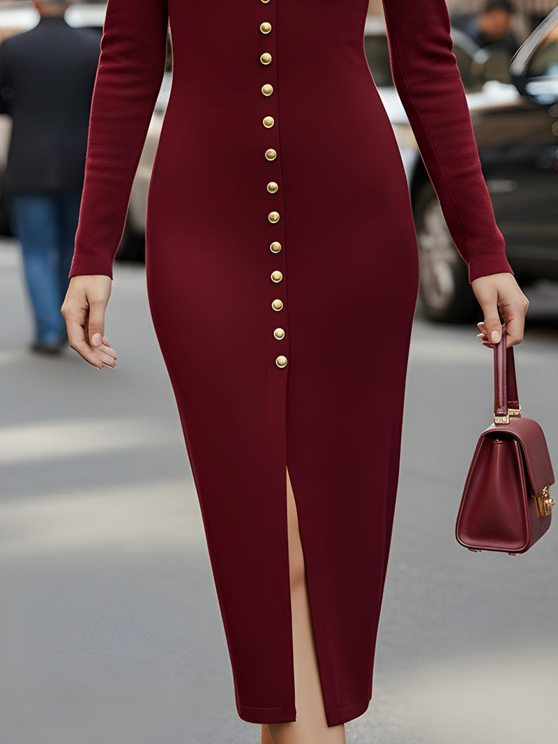 Burgundy Button-Front Knit Midi Dress