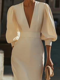 Deep V Pleated Puff Sleeve Midi Dress