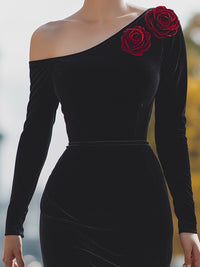 Velvet One-Shoulder Rose Embellished Midi Dress
