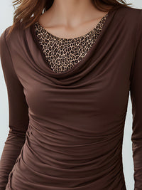 Draped Cowl-Neck Layered Leopard Trim Long-Sleeve Top