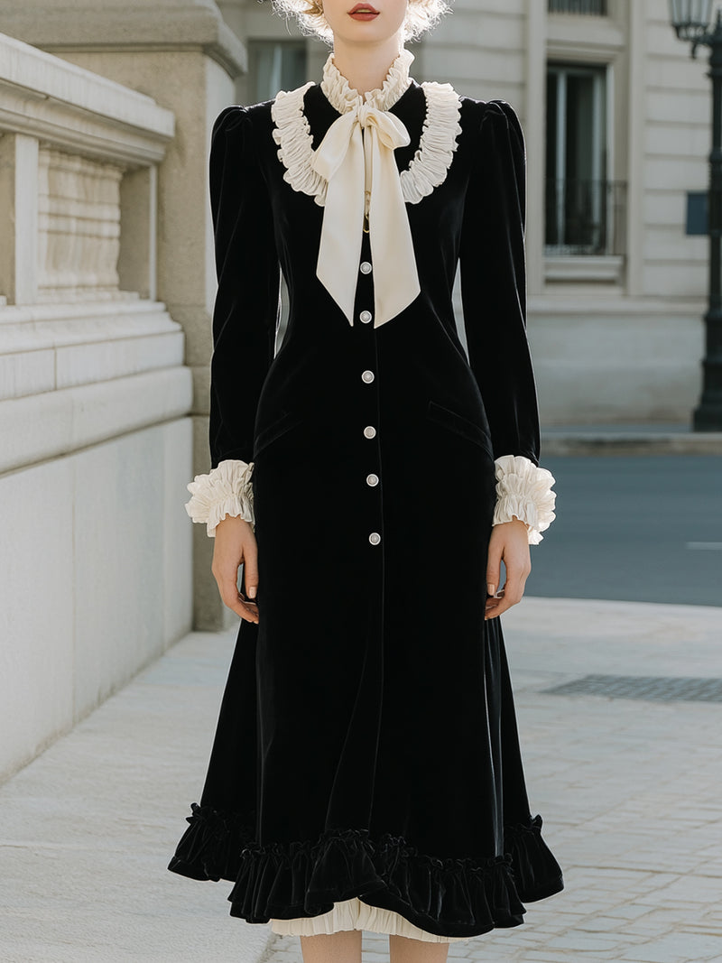 Velvet Midi Dress With Ruffled Accents