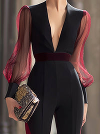 Deep V-Neck Color-Block Mesh Sleeve Flared Jumpsuit