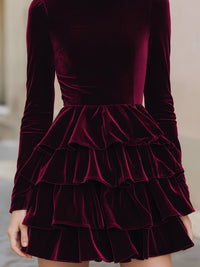 Burgundy Velvet Tiered Ruffle Mini Dress