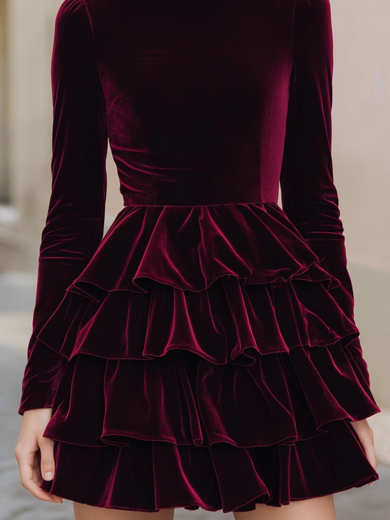 Burgundy Velvet Tiered Ruffle Mini Dress