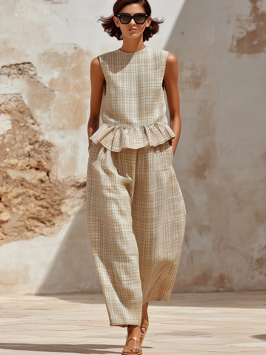 Casual Plaid Sleeveless Peplum Wide-Leg Jumpsuit – Relaxed Chic Style