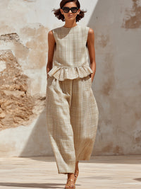 Casual Plaid Sleeveless Peplum Wide-Leg Jumpsuit – Relaxed Chic Style