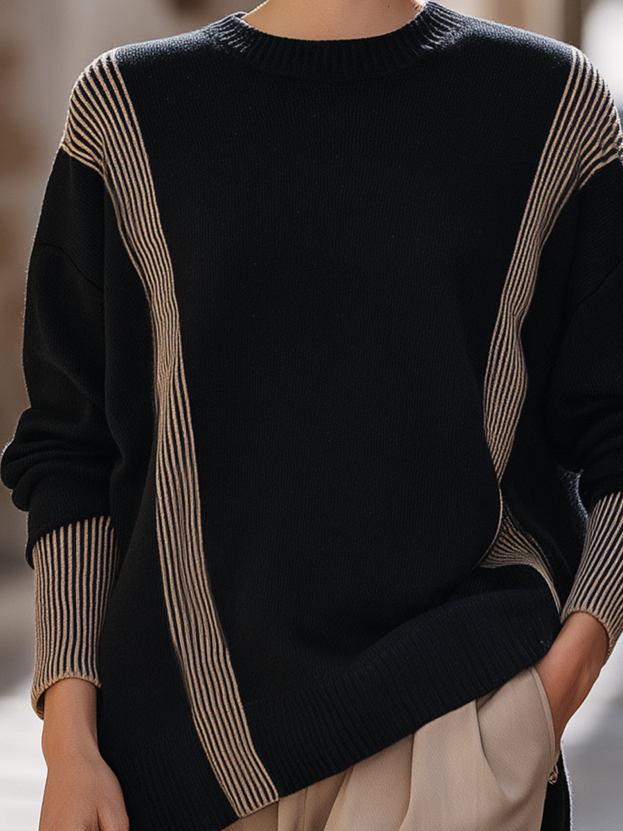 Striped Color-Blocked Ribbed Knit Sweater