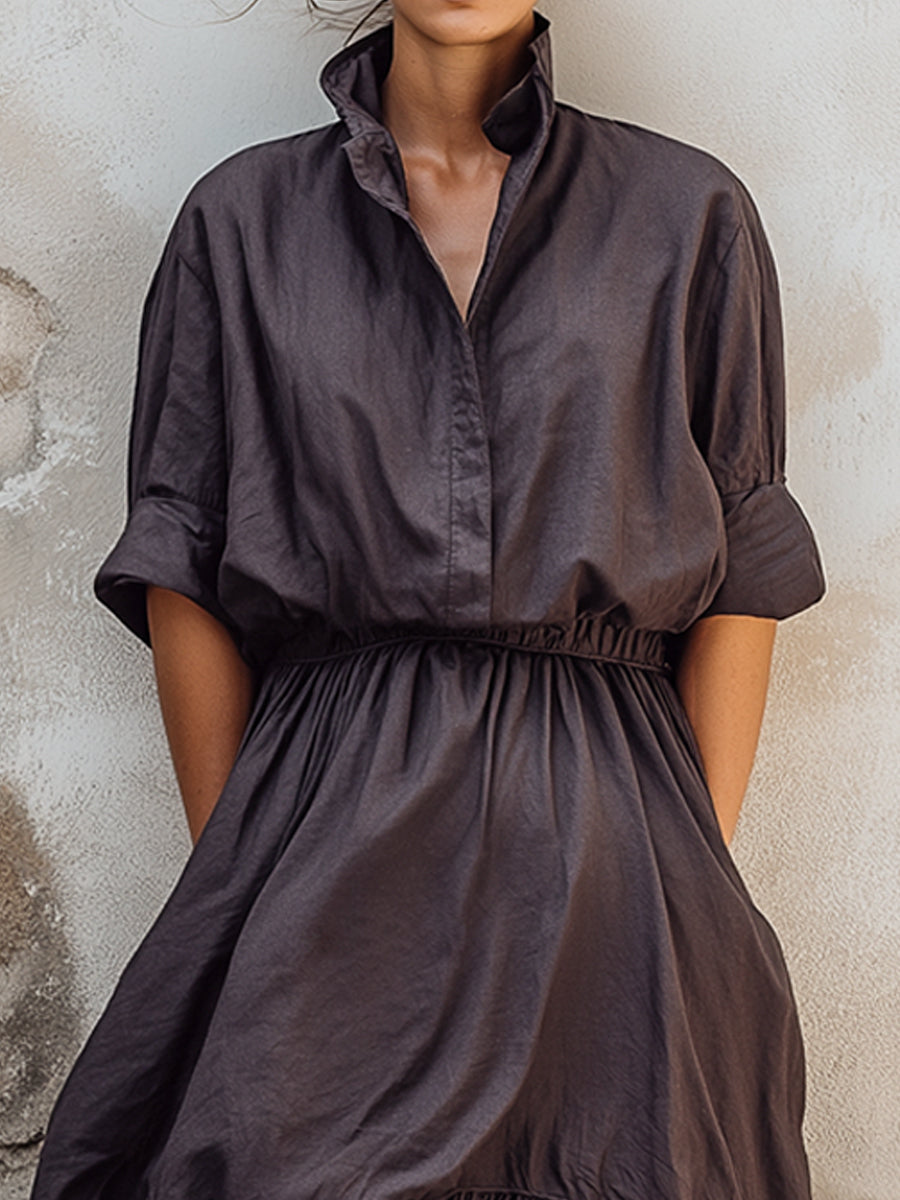 Structured Stand Collar High-Low Midi Dress