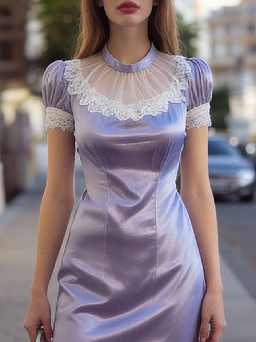 Lavender Satin Lace-Trim Sheer-Neck Maxi Dress