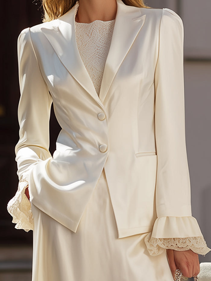 Elegant Cream Tailored Blazer With Lace-Trim Cuffs And Flowing Maxi Dress