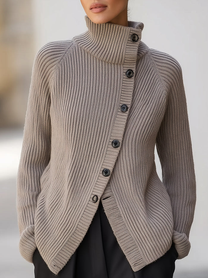 Asymmetric Button-Up High Neck Ribbed Cardigan