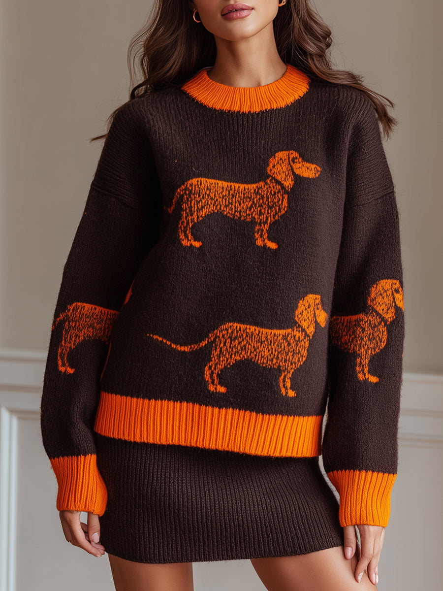 Chocolate Brown Knit Sweater And Skirt Set, Sweater Adorned With Playful Dachshund Pattern