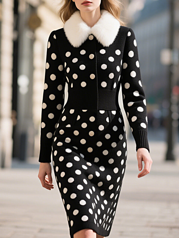 Black Polka Dot Knit Dress With Faux Fur Collar