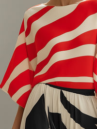 Red & Ivory Wave Print Batwing Top