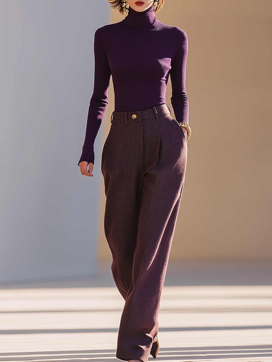 Eggplant Purple Ribbed Knit Turtleneck Top And Matching High-Waisted Wide-Leg Pants Set