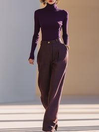 Eggplant Purple Ribbed Knit Turtleneck Top And Matching High-Waisted Wide-Leg Pants Set