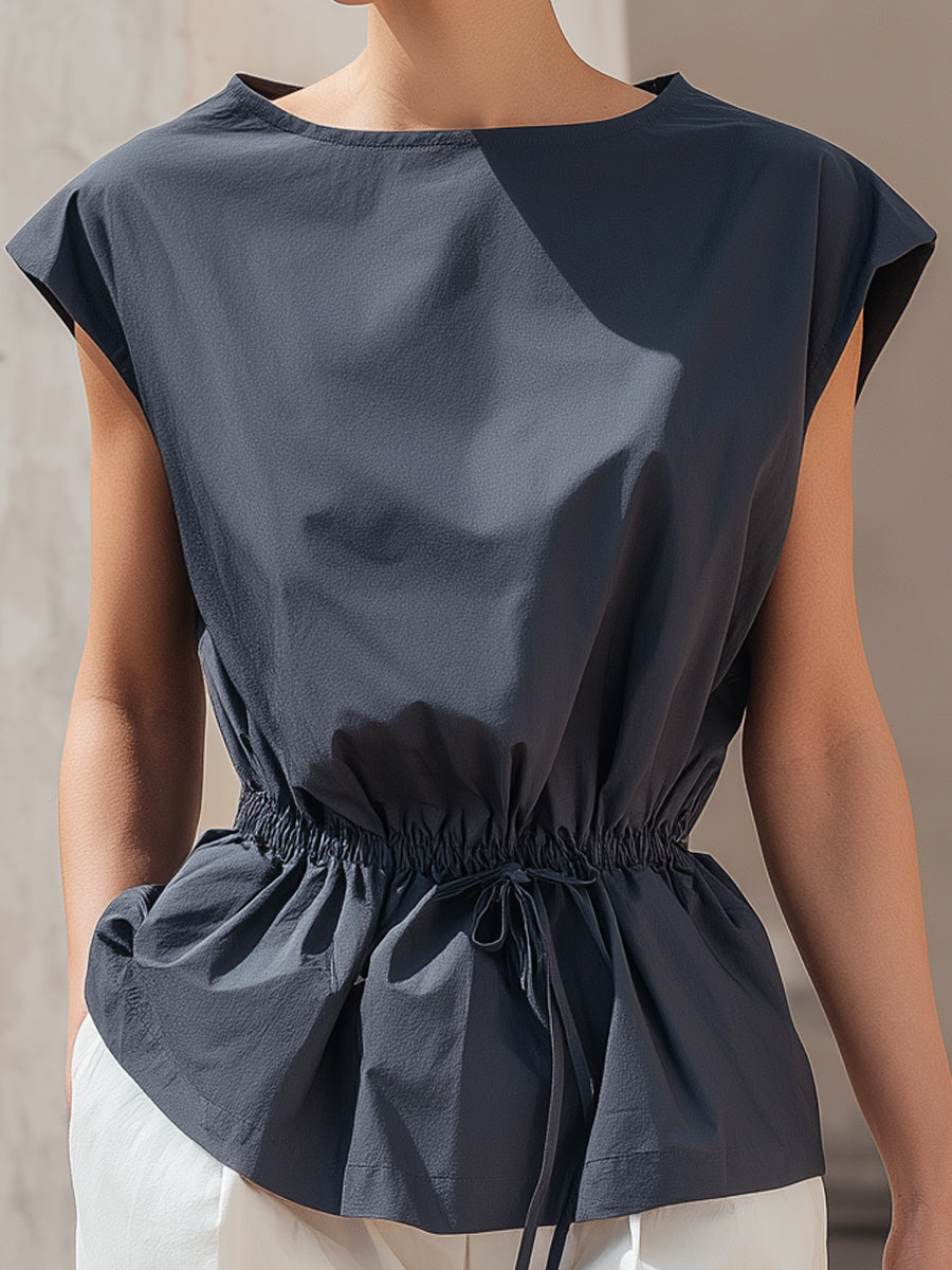 Minimalist Drawstring Waist Cap Sleeve Blouse – Modern Casual Chic Top