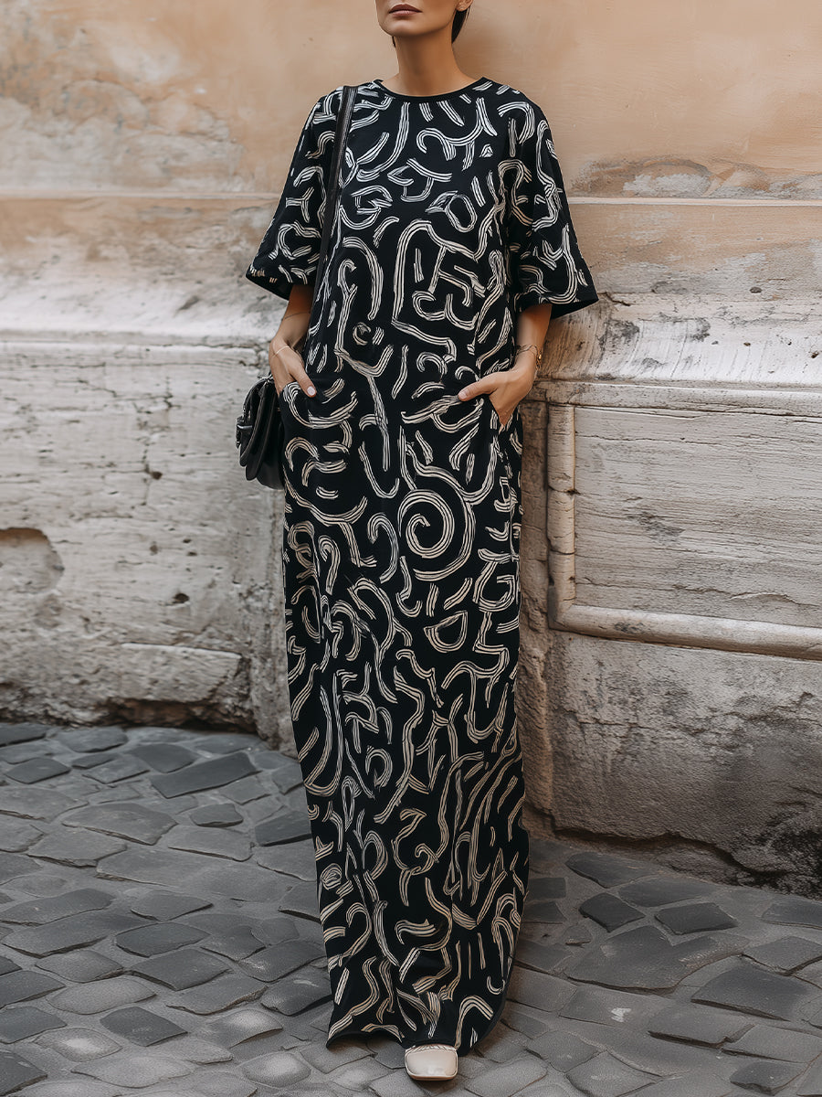Abstract Print Short Sleeve Maxi Dress